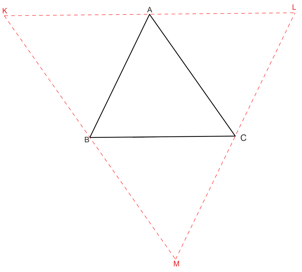 ABC üçgeninin her köşesinden karşına kenara paralel doğrular çizdiğimizde  KLM üçgeni  oluşur.