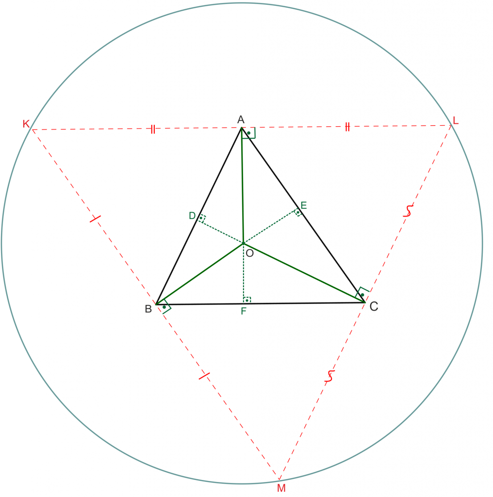 O noktası KLM üçgeninin çevrel çemberinin merkeziyken, ABC üçgeninin diklik merkezidir.