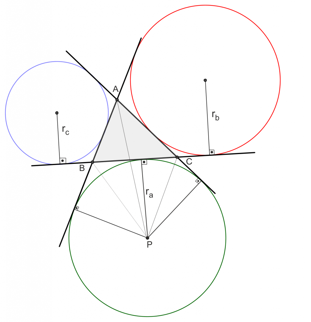 Bir üçgenin 3 tane dış teğet çemberi vardır. Bu çemberler yardımıyla üçgenin alanı hesaplanabilir. 