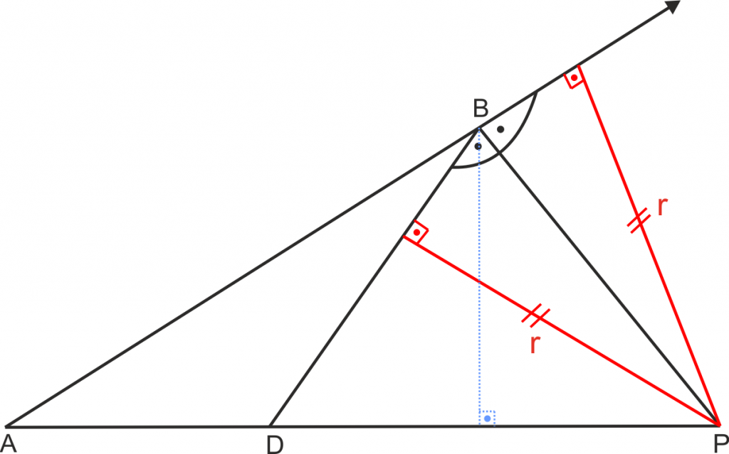 Açı ortay üzerindeki herhangi bir noktadan açının kollarına(?) indirilen dikmeler eşit uzunluktadır. Bundan ve üçgende alandan faydalanarak dış açı ortayın I. teoremini kanıtladık.
