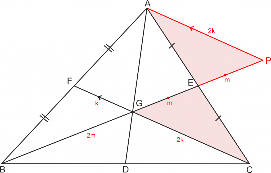 A noktasından FC'ye paralel çizilip, eş üçgenler ve orta taban yardımıyla; G noktasının kenarortayların ağırlık merkezini 2:1 oranında böldüğü görülebilir.