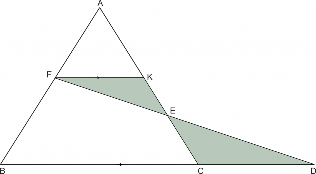 Menelaus: BD ye paralel FK doğrusunu çizdiğimizde. Taralı üçgenler benzerdir (Kelebek benzerliği)